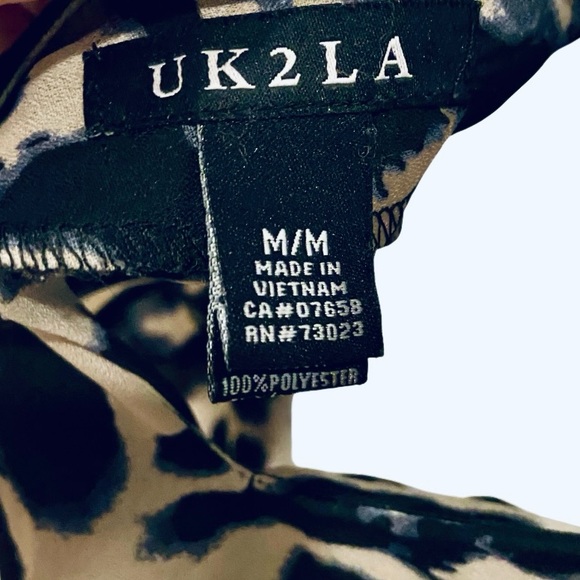 UK2LA Leopard Print Blouse Cool Blue Hue Vegan Leather Trim Gold Buttons - Picture 11 of 14